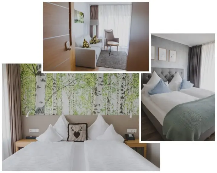 honeymoon bayern zimmer hotel 3-teilig: betten mit dekokissen, eingengsbereich zimmer
